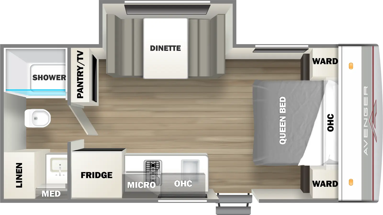 The 17FQS has one slideout and one entry. Interior layout front to back: foot-facing queen bed with overhead cabinet and wardrobes on each side; off-door side dinette slideout; door side entry, kitchen counter with sink, overhead cabinet, microwave, cooktop, and refrigerator; pantry/TV along off-door side inner wall; rear full bathroom with linen closet and medicine cabinet.